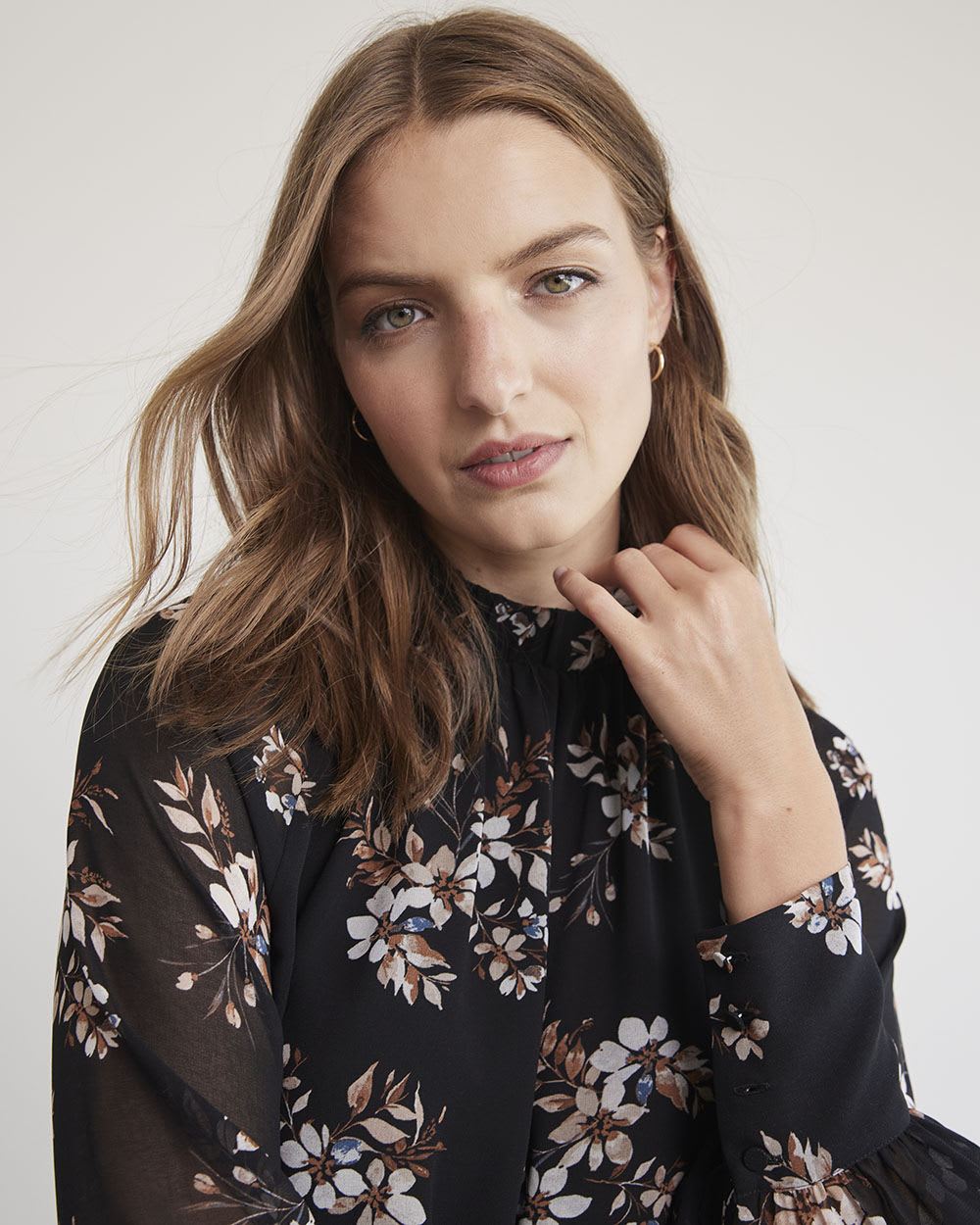 Mock-Neck Popover Blouse with Long Balloon Sleeves