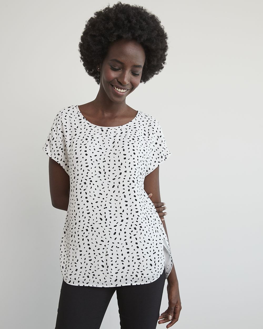 Oversized Silky Crepe Crew-Neck Short Sleeve Blouse