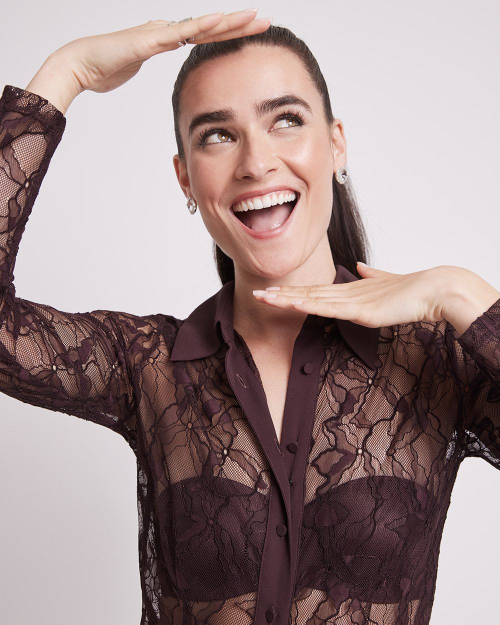 Long-Sleeve Buttoned-Down Lace Blouse