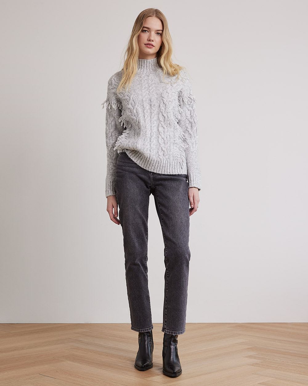 Long-Sleeve Mock-Neck Sweater with Cable Stitches