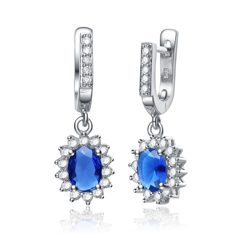 Sterling Silver White Gold Plated with Colored Cubic Zirconia Flower Shaped Dangling Earrings