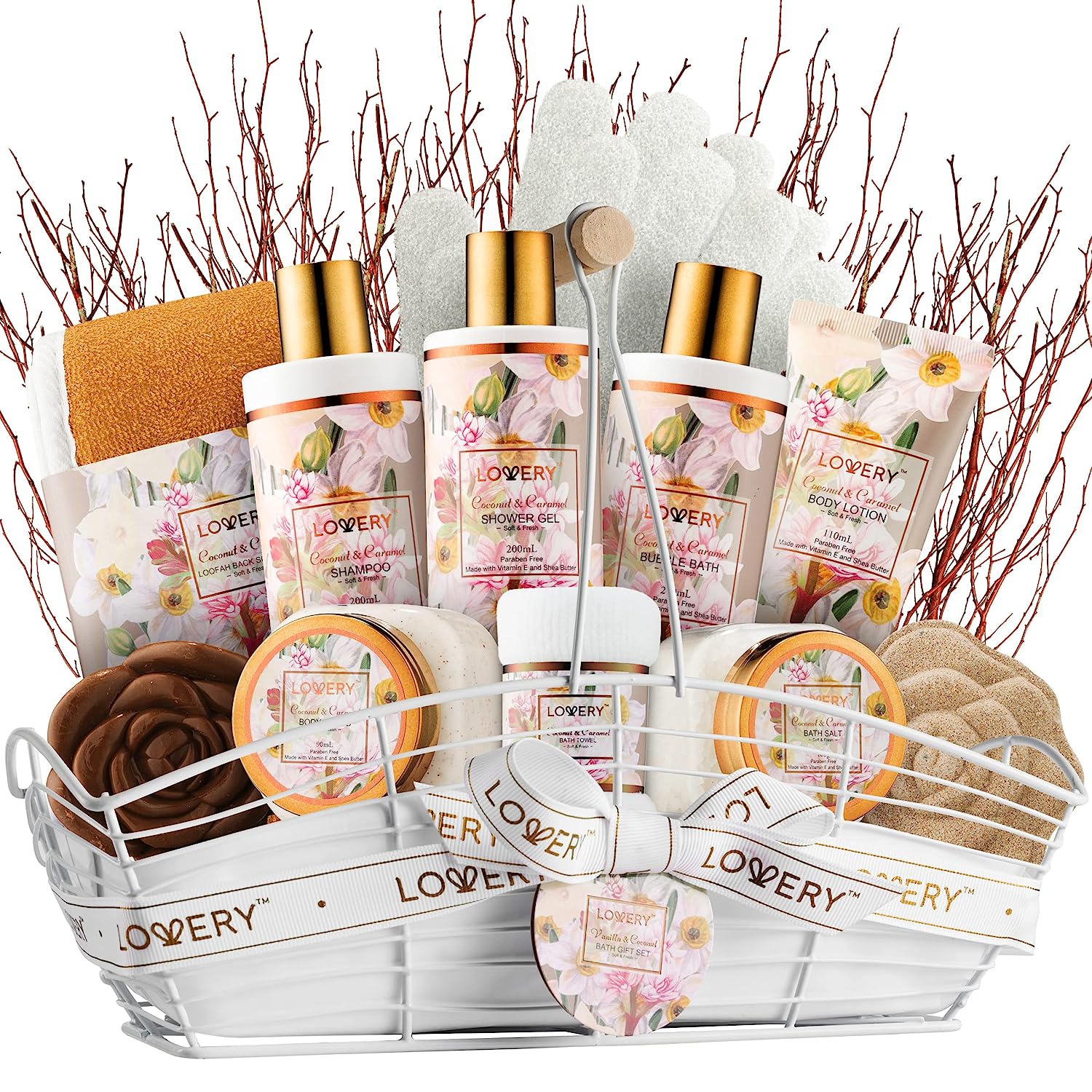 Lovery Coconut Caramel Self Care Basket, 13 Piece
