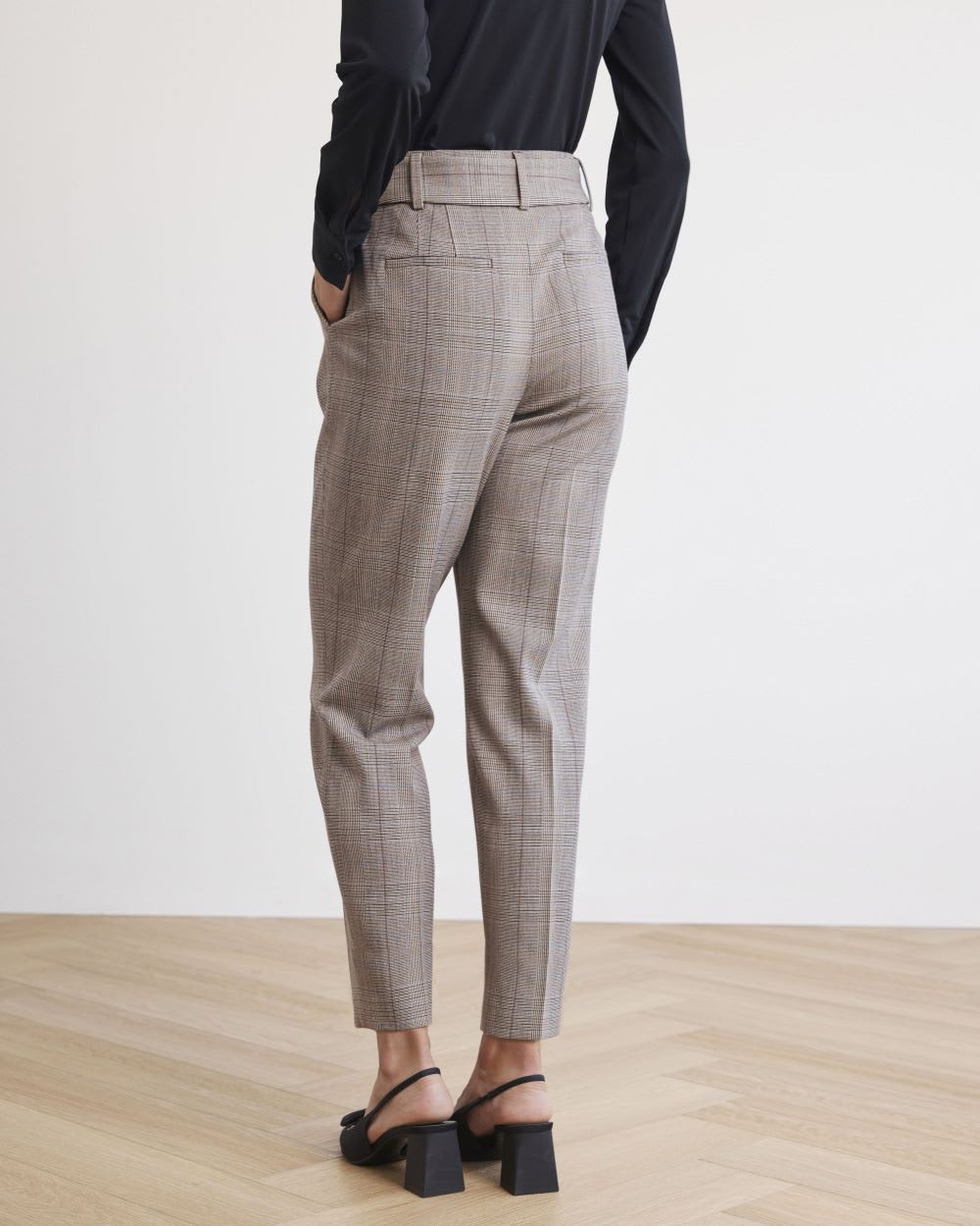 Tapered-Leg High-Rise Plaid Ankle Pant with Belt