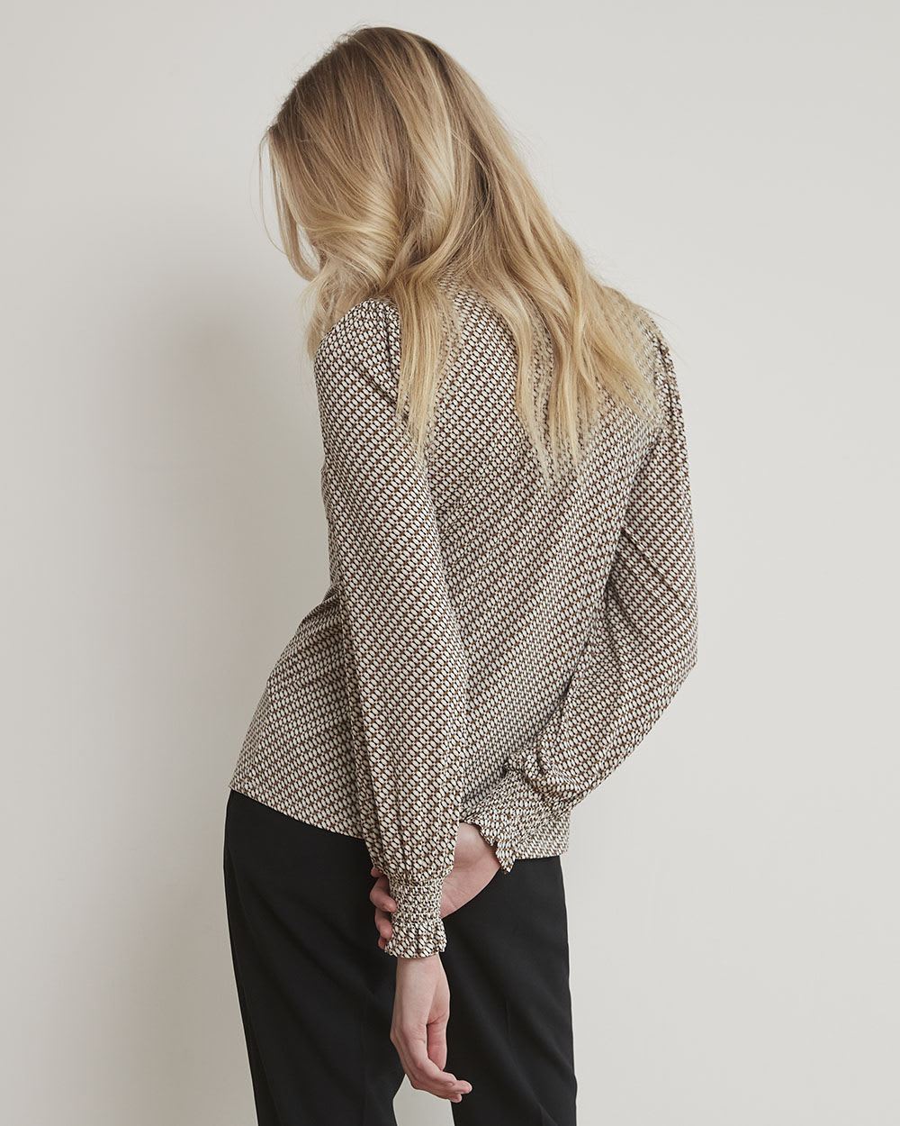 Printed Mock-Neck T-Shirt with Long Puffy Sleeves