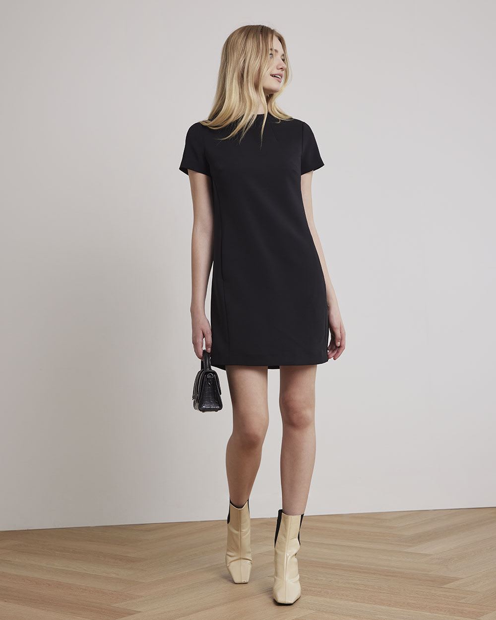 Short-Sleeve Straight Dress with Mock Neckline