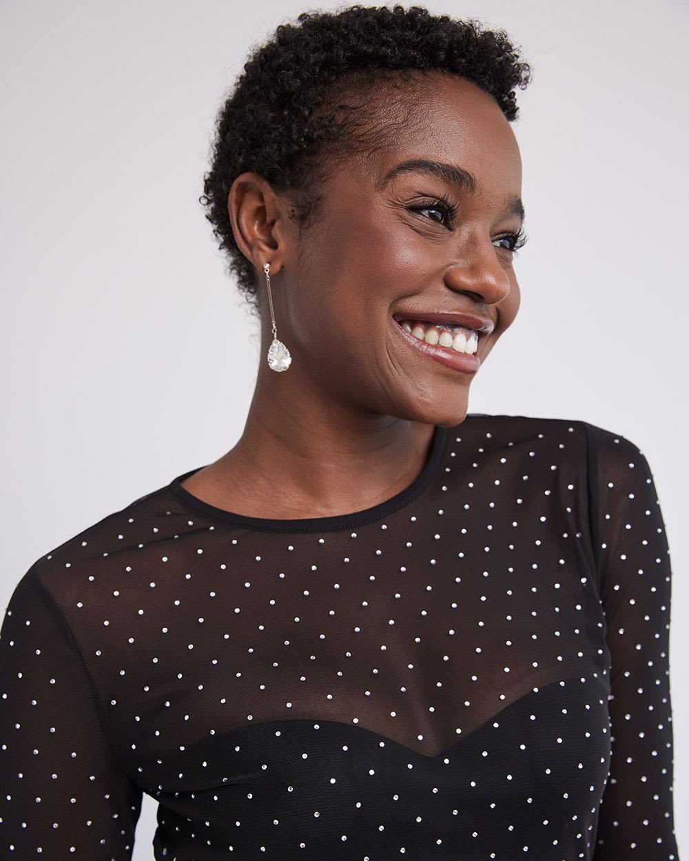 Long-Sleeve Beaded Mesh Tee with Crew Neckline