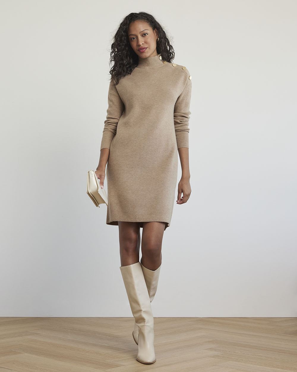 Long-Sleeve Mock-Neck Straight Dress with Buttons at Shoulder