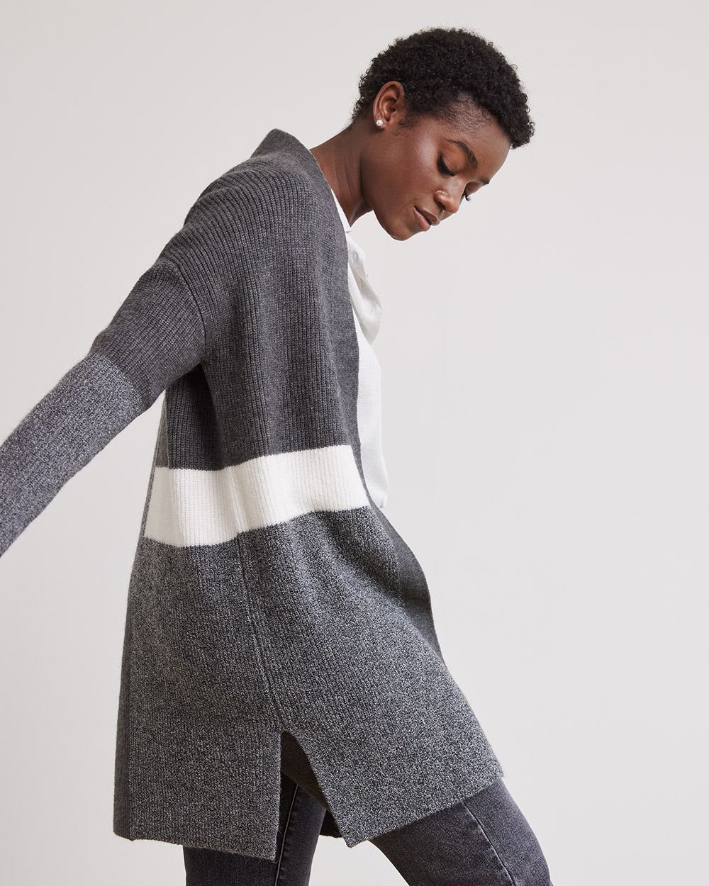 Long Open Cardigan with Colour Blocks