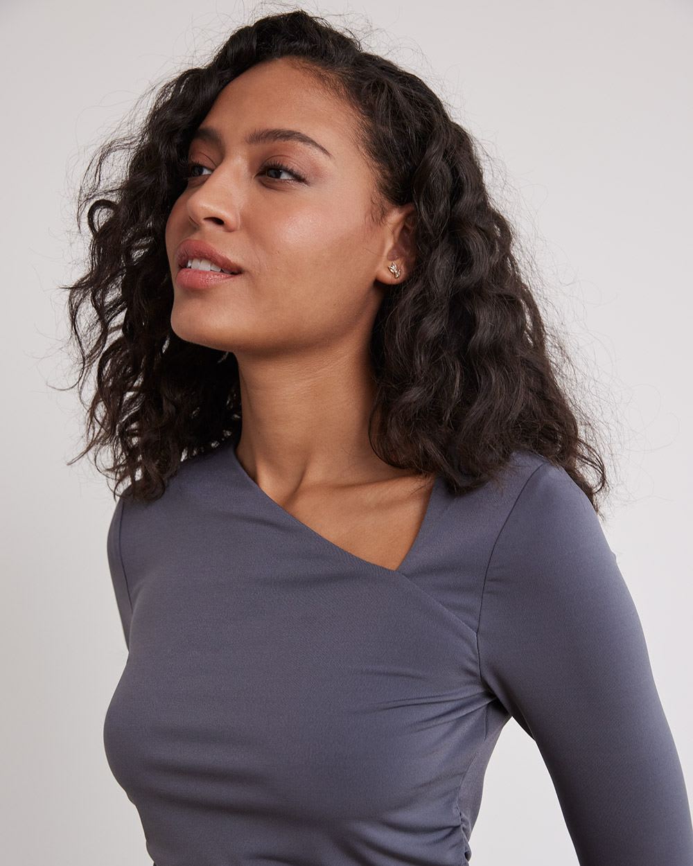 Draped Long-Sleeve Top with Asymmetrical Neckline