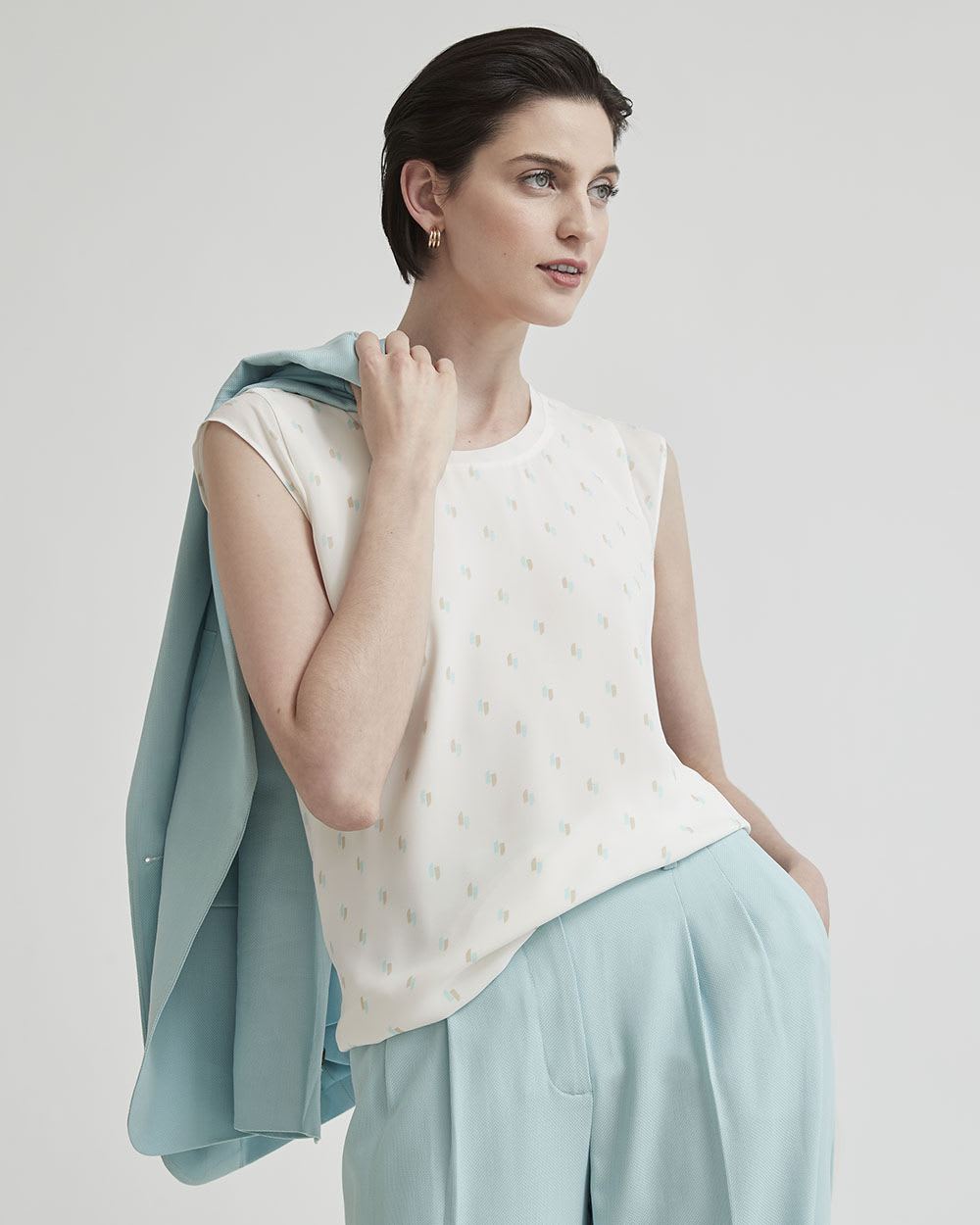 Printed Silky Crepe Cap Sleeve Blouse