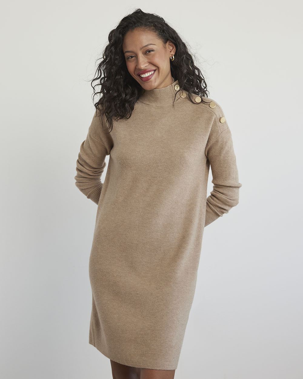 Long-Sleeve Mock-Neck Straight Dress with Buttons at Shoulder