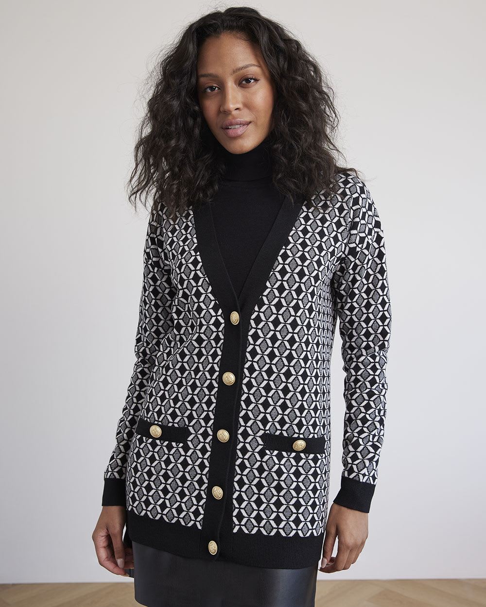 Long-Sleeve V-Neck Jacquard Cardigan