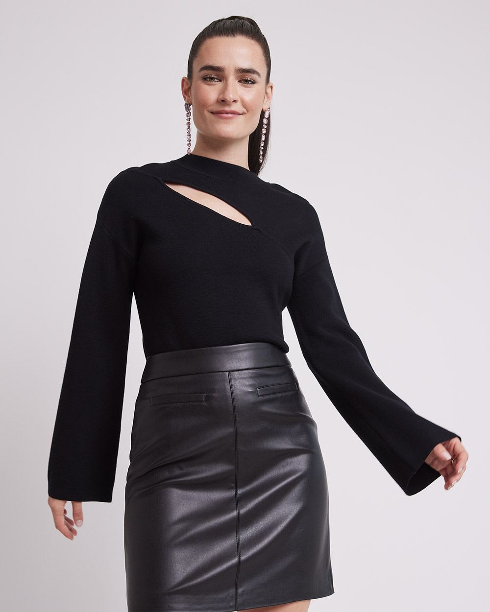 Long-Bell-Sleeve Mock-Neck Sweater with Cut-Out at Front