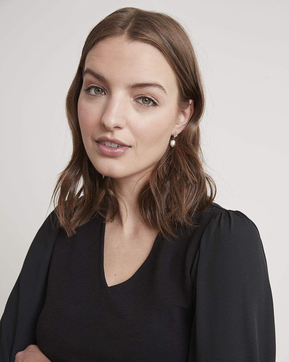 Mix-Media V-Neck Top with Long Puffy Sleeves