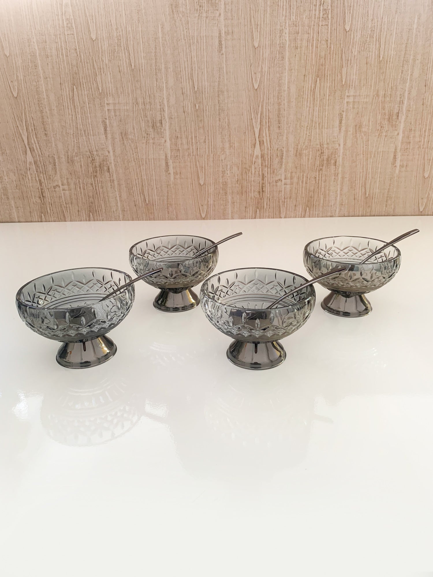 Lys Collection Grey Crystal Dessert Bowls with Spoons Set of 4