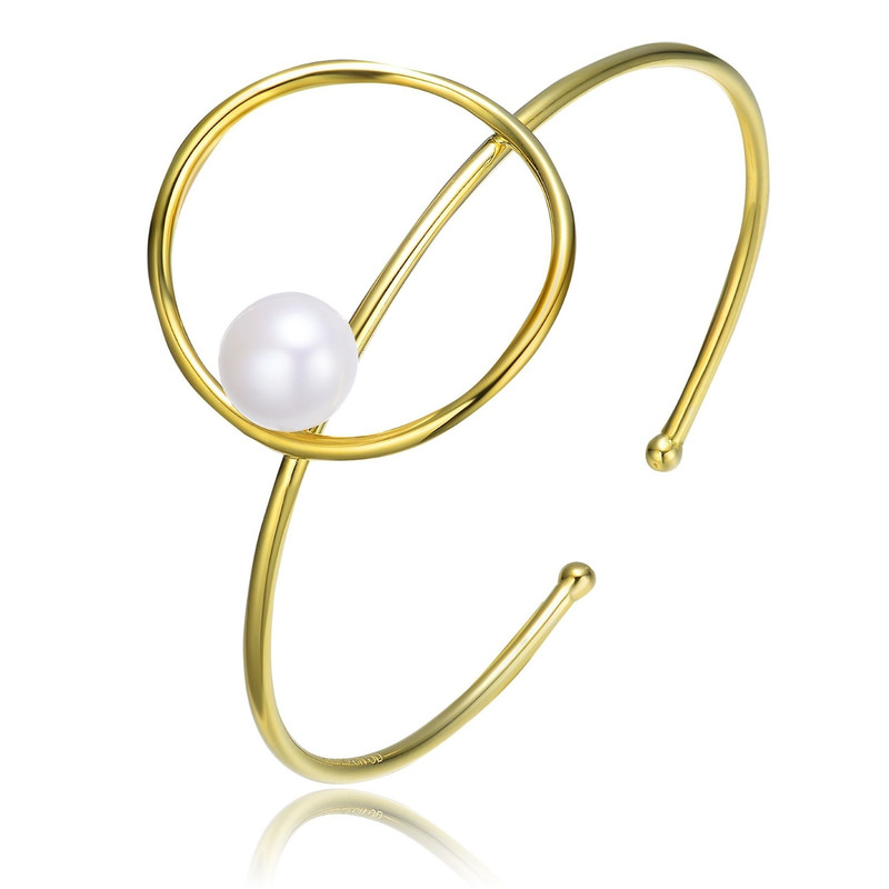 Sterling Silver with 14k Yellow Gold Plating and Genuine Freshwater Pearl Cuff Bracelet