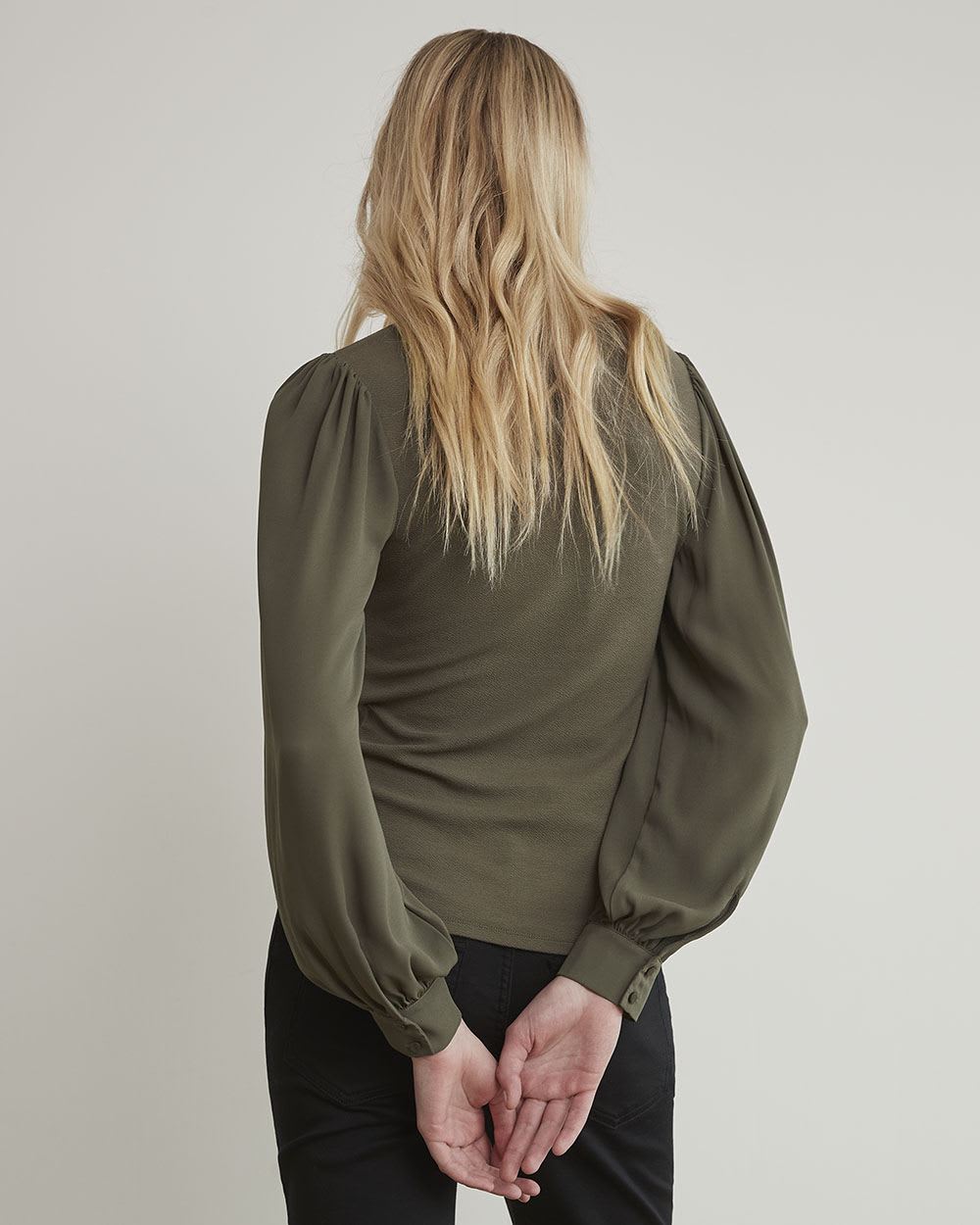 Mix-Media V-Neck Top with Long Puffy Sleeves