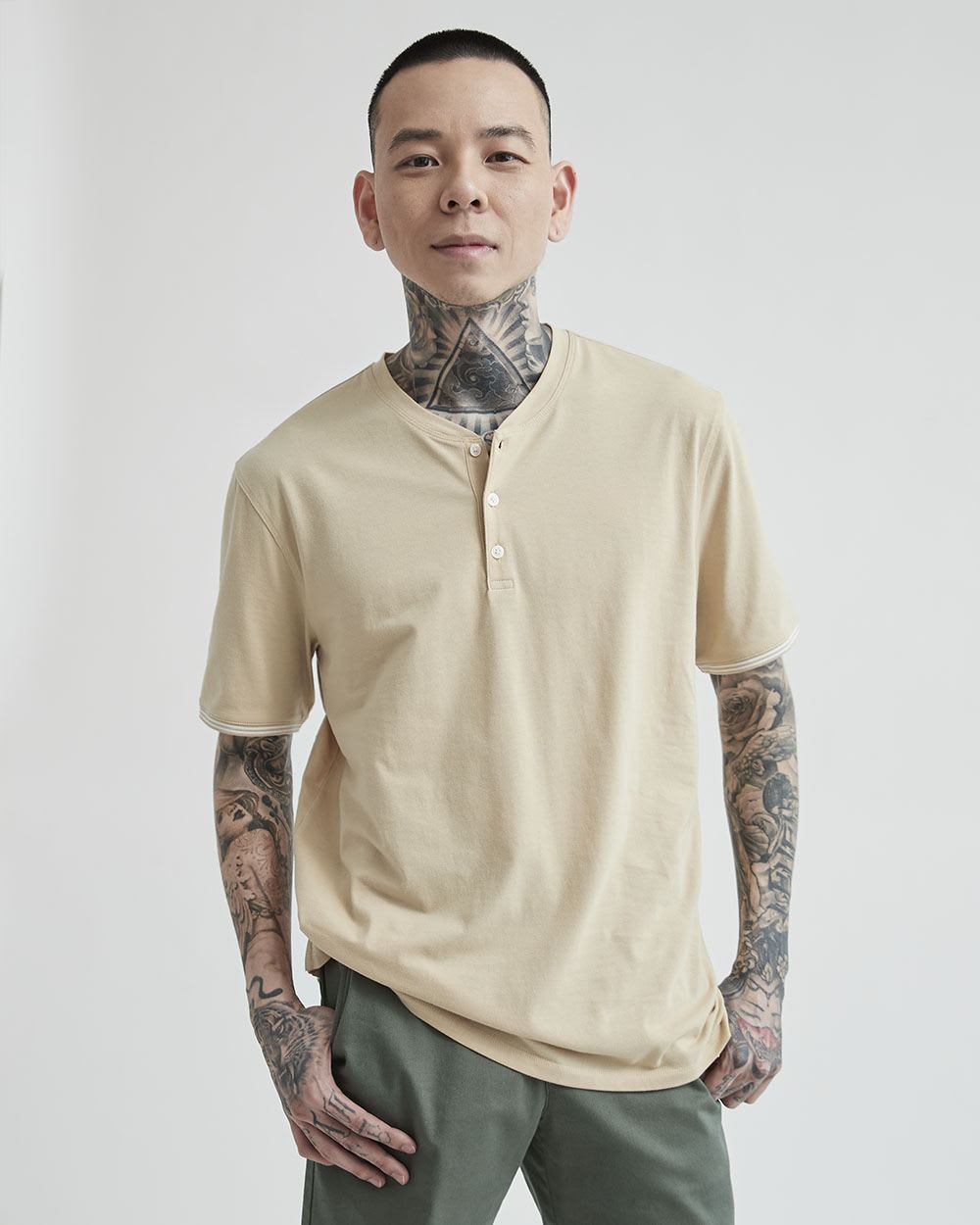Solid Short-Sleeve Tee with Henley Neckline
