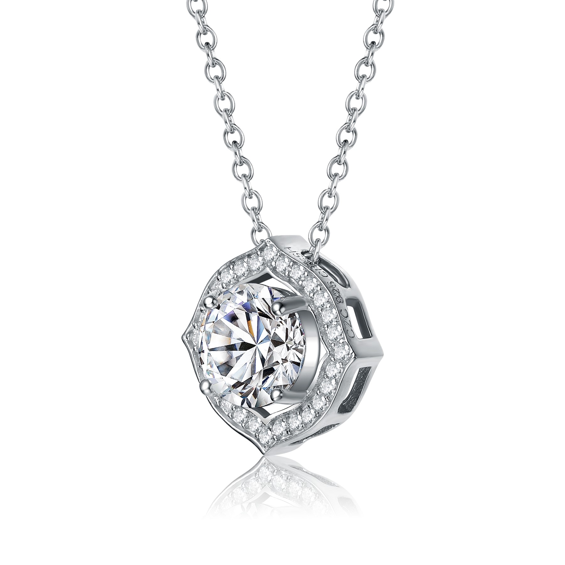 SV Sterling Silver with 1ctw Lab Created Moissanite Round Halo Vintage Style Pendant Necklace