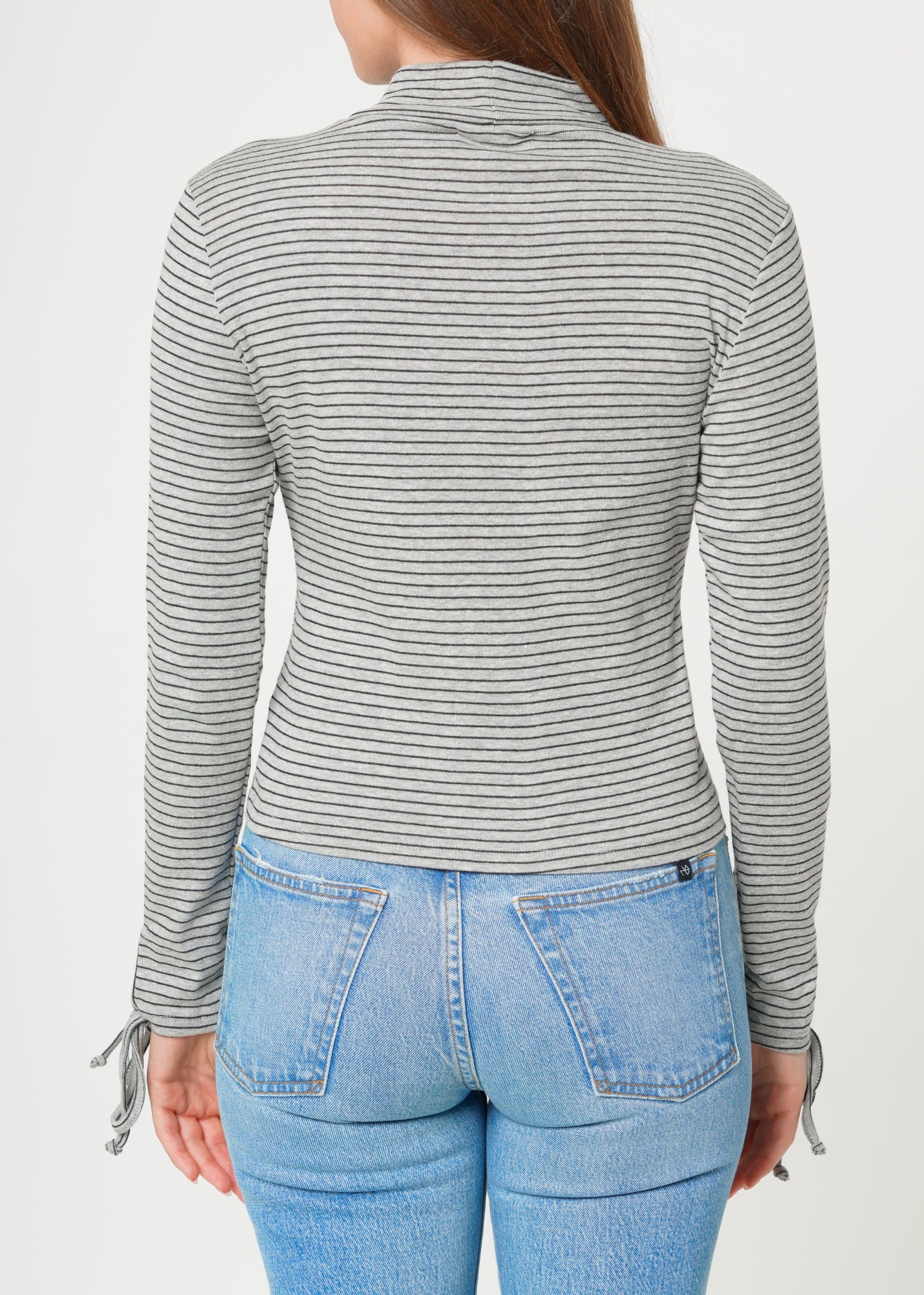 Nurode Long Sleeve Mock Neck Tie Cuff Striped Tee