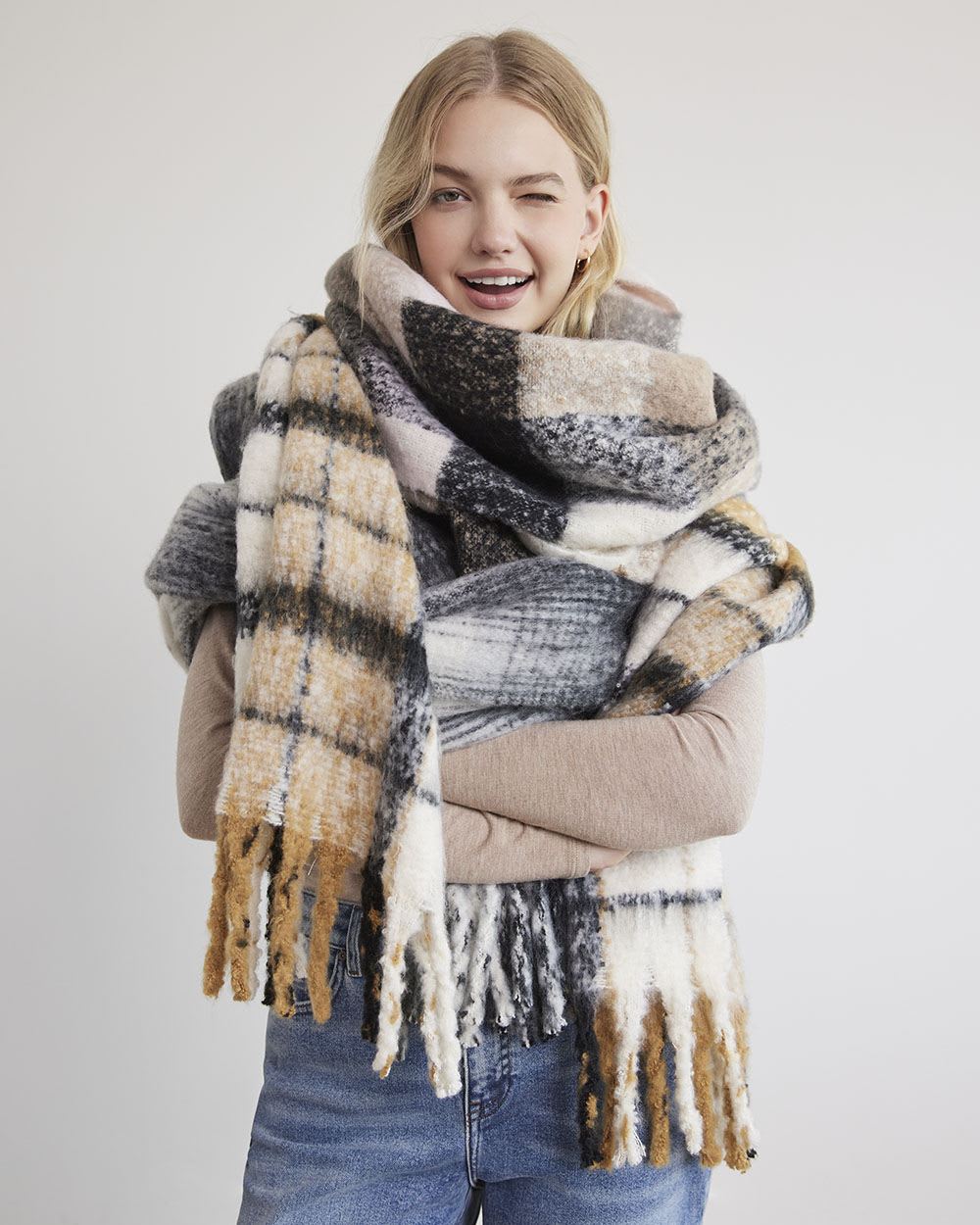 Plaid Blanket Scarf with Fringes