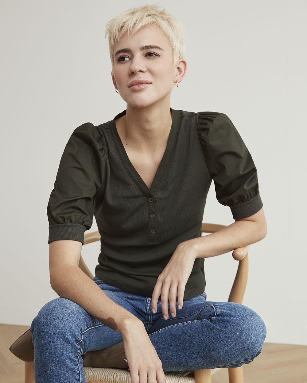 Mix-Media Henley Top with Short Puffy Sleeves