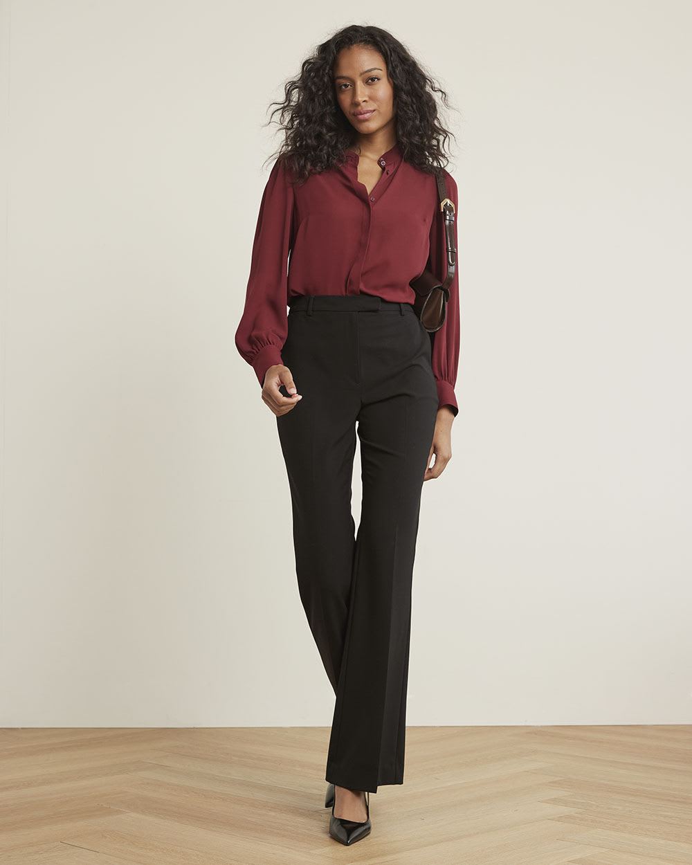 Long-Sleeve Buttoned-Down Silky Crepe Blouse