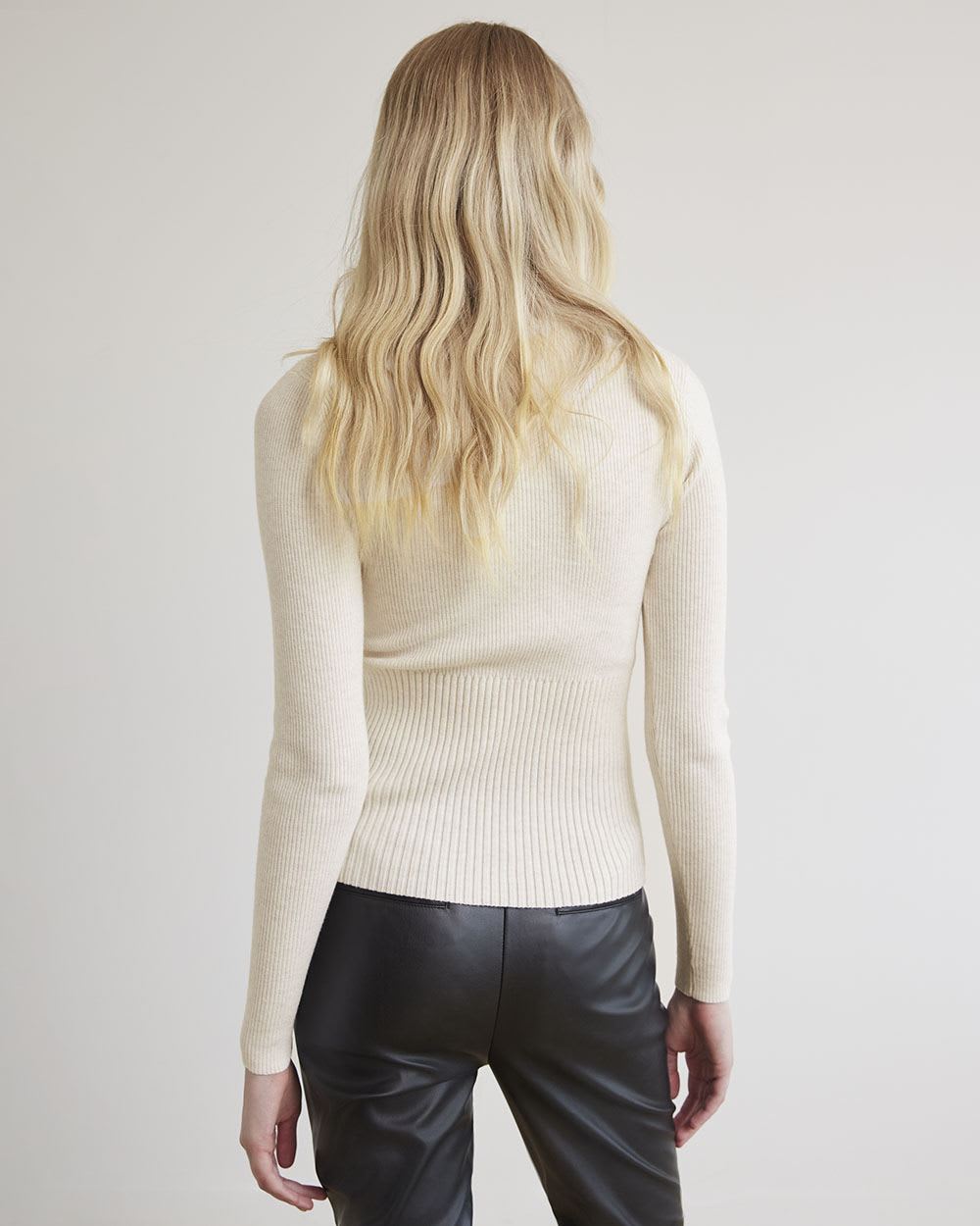 Long-Sleeve Ribbed Bodycon Sweater with V Neckline