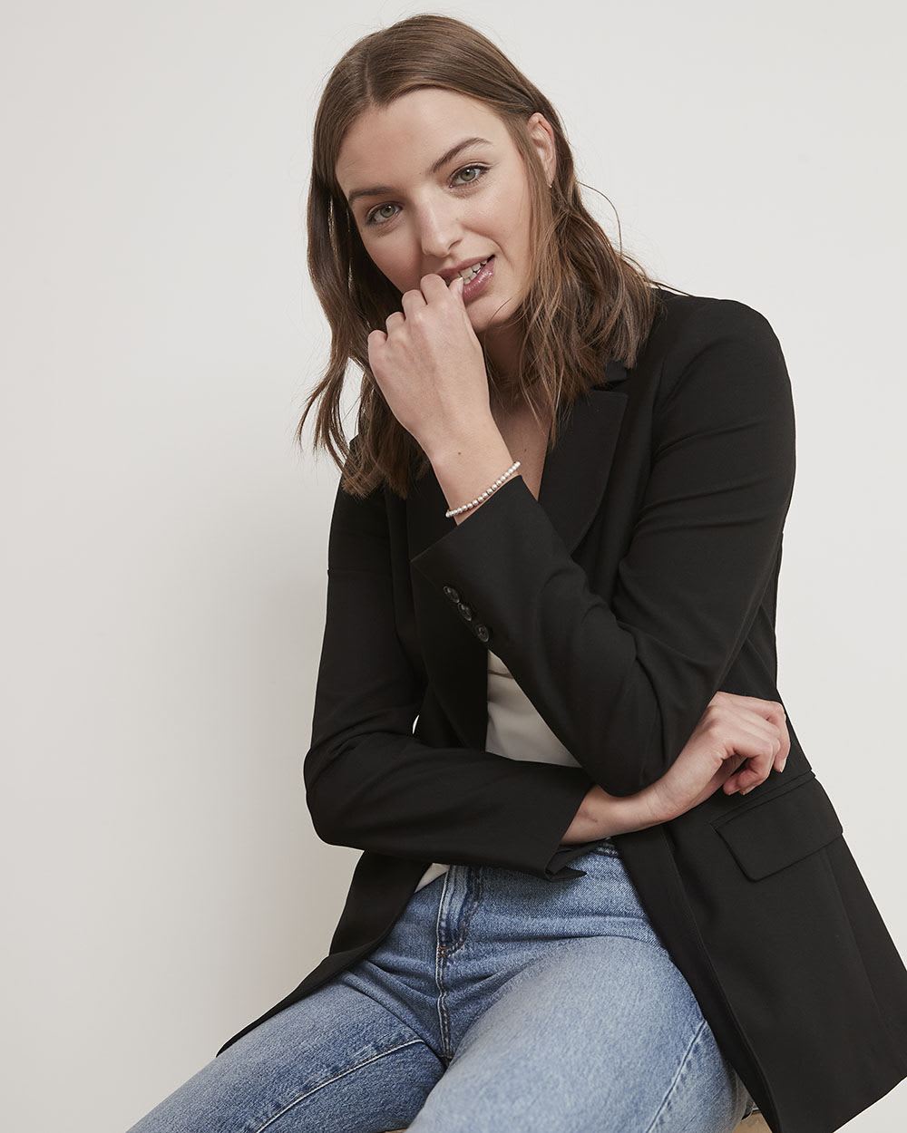 Solid One-Button Classic Twill Blazer