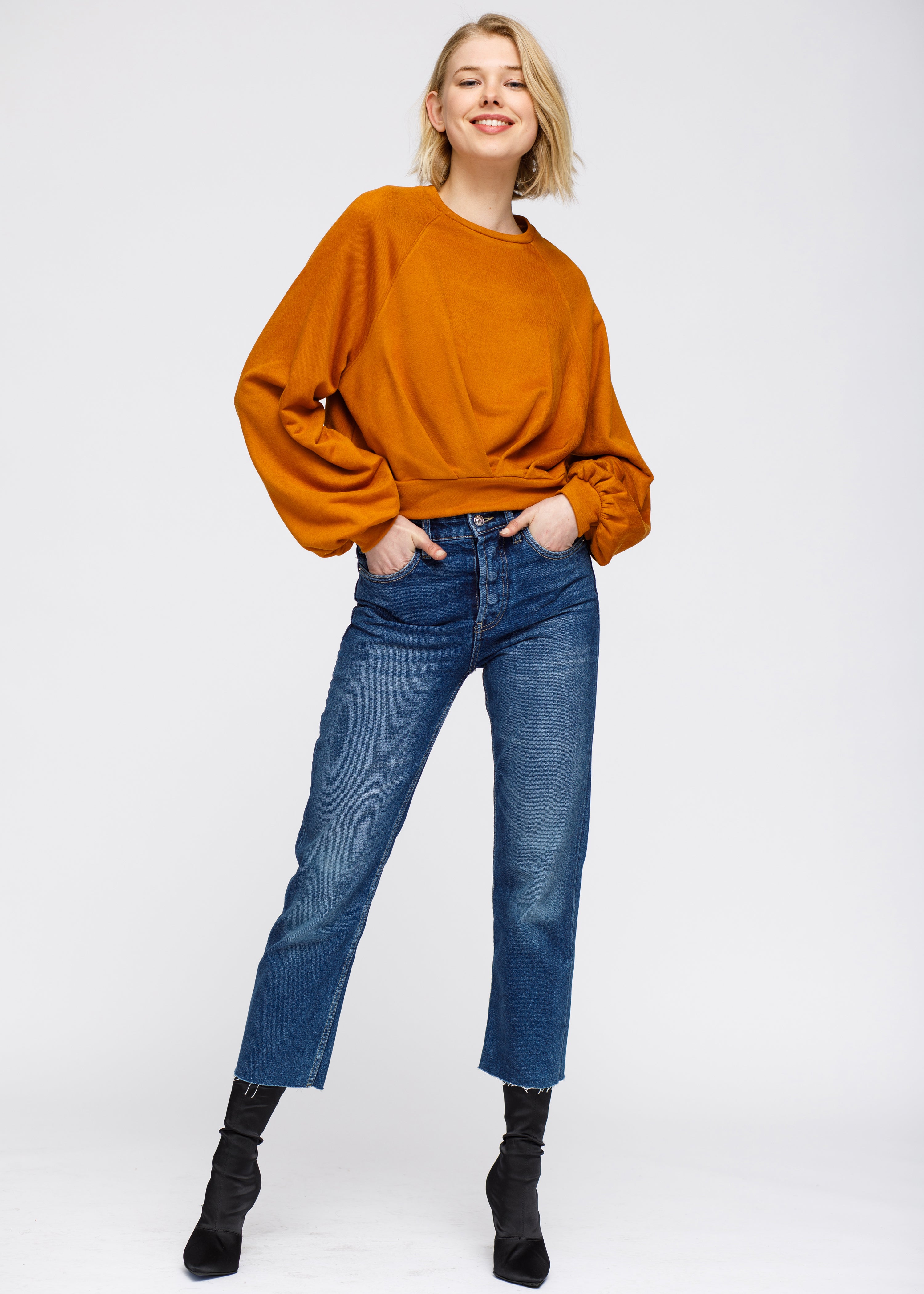 Nurode Crew Neck Ruched Sleeve Sweatshirt