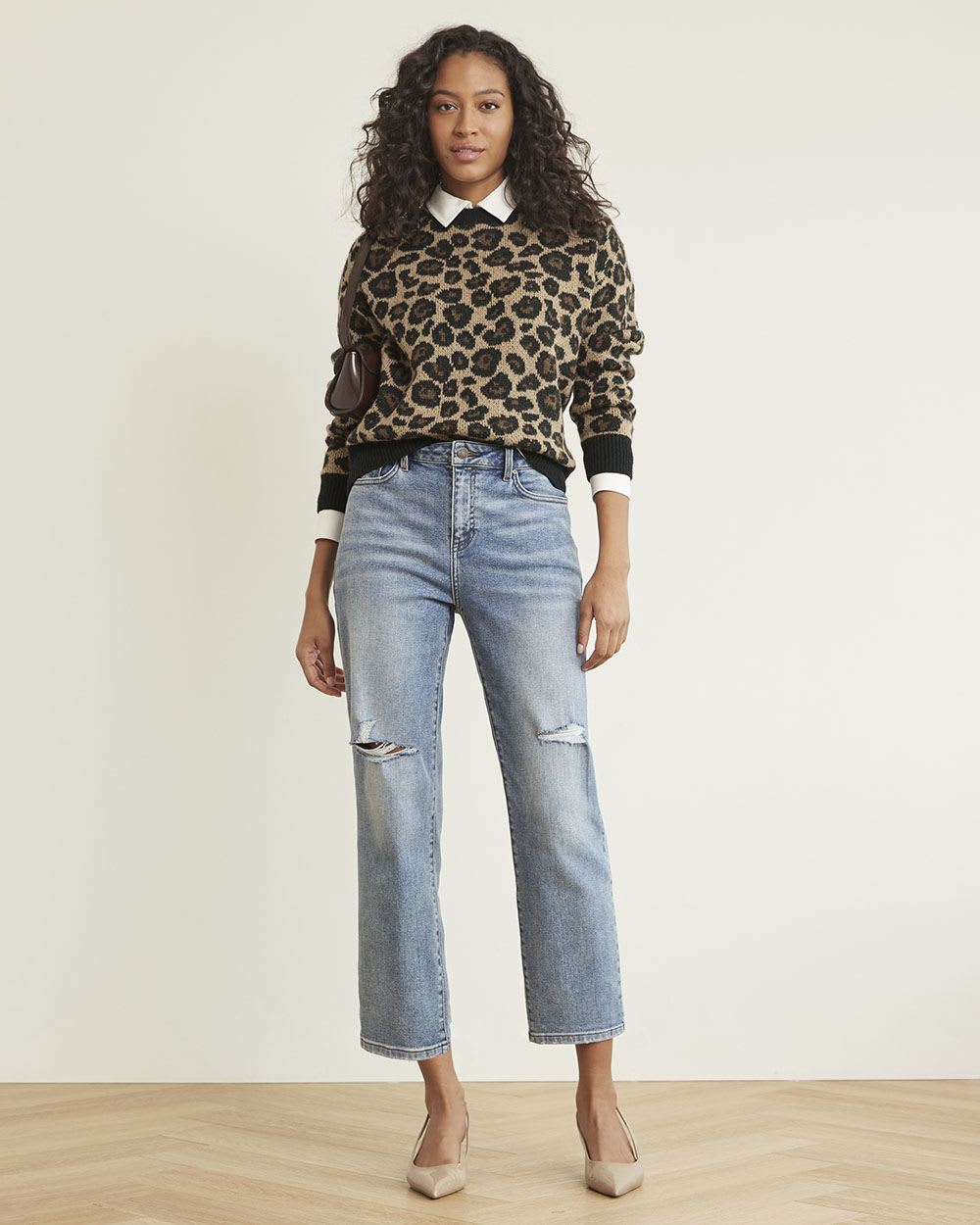 Relaxed-Fit Long-Sleeve Crew-Neck Sweater with Animal Print