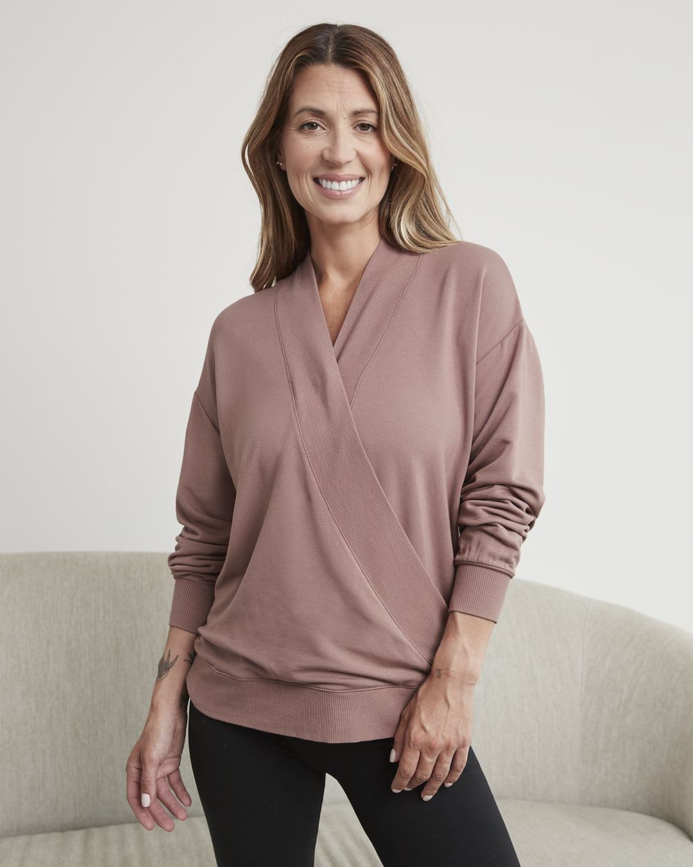 Long-Sleeve Fleece Top with Wrap V Neckline - Thyme Maternity