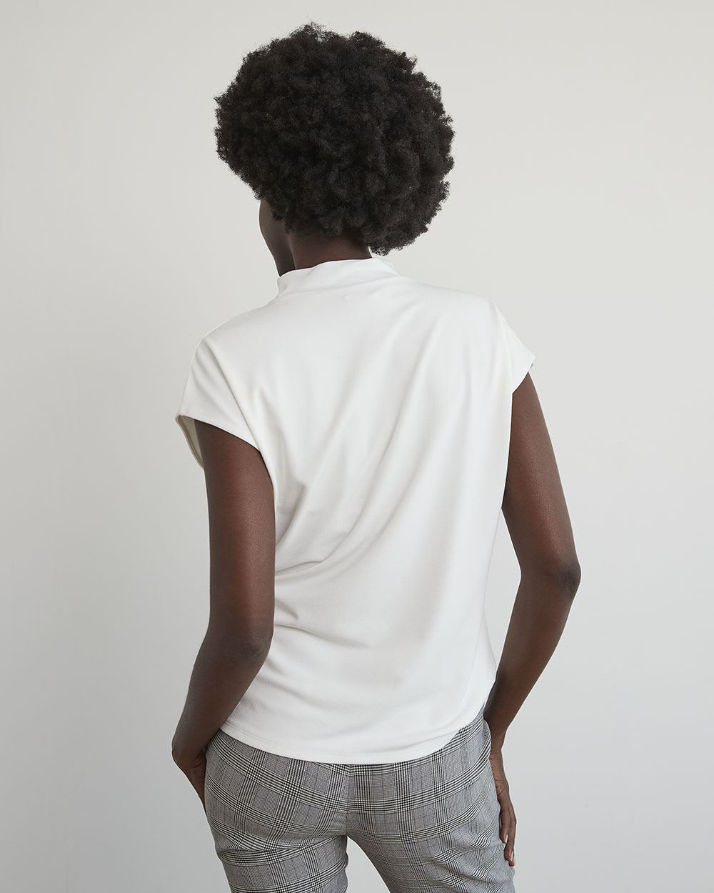 White Cap-Sleeve Crepe Tee with Pleated Mock Neckline