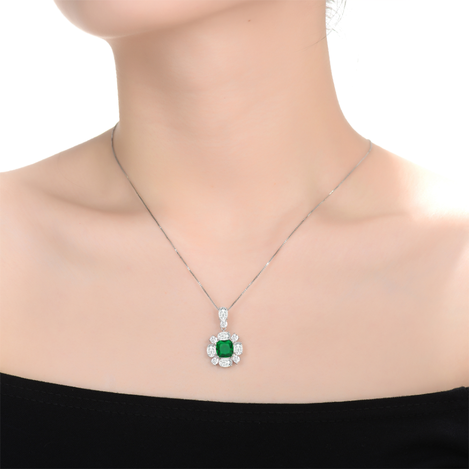 RG White Gold Plated Green and White Cubic Zirconia Accent Pendant Necklace