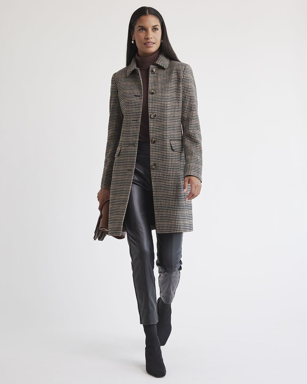 Houndstooth Wool Coat with Shirt Collar