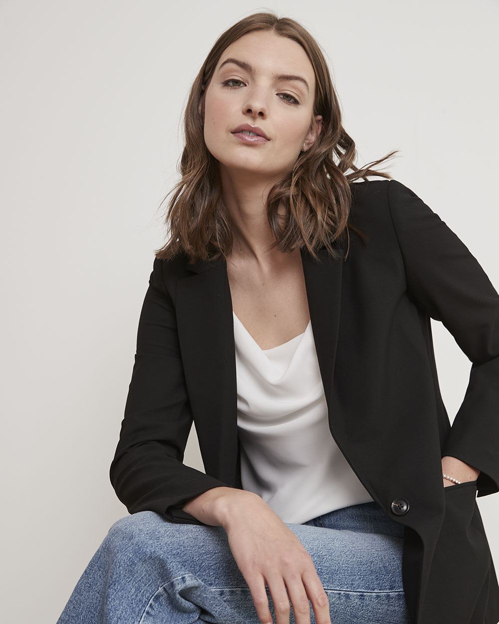 Solid One-Button Classic Twill Blazer