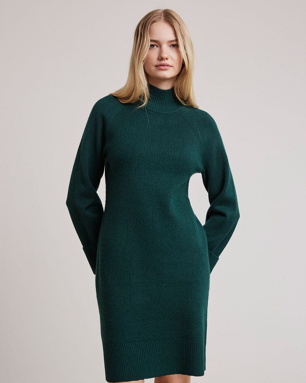 Long-Sleeve Mock-Neck Straight Dress with Ribbed Cuffs