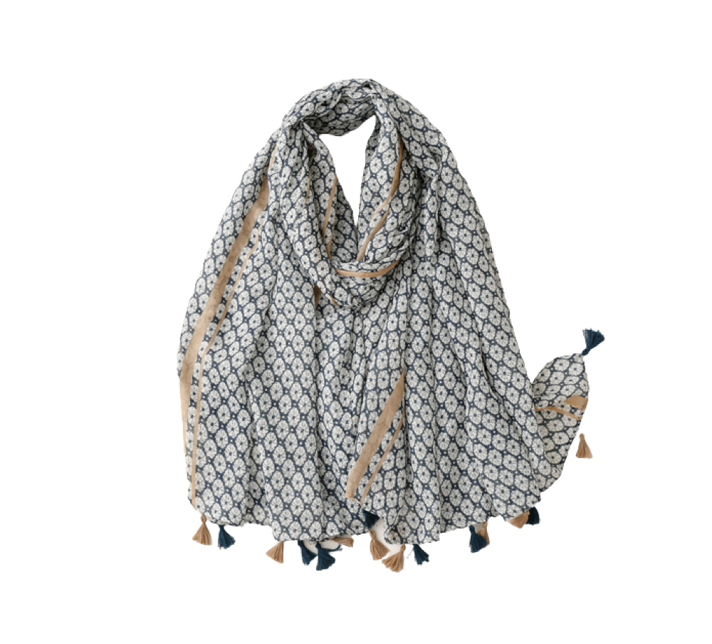 Navy and brown mandala scarf with tassels - Don't AsK