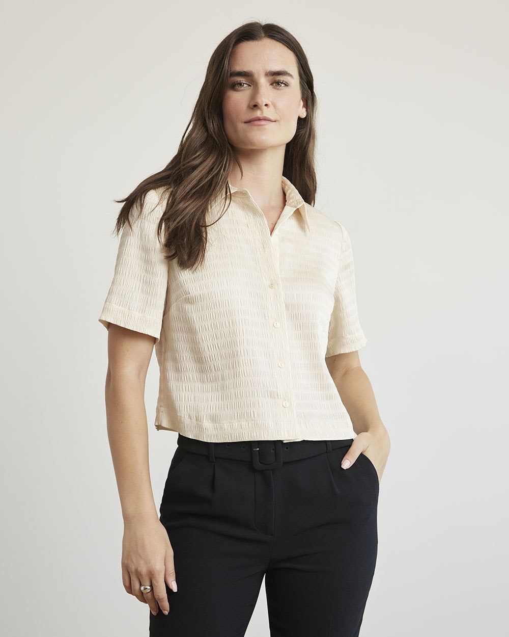 Short-Sleeve Buttoned-Down Textured Blouse