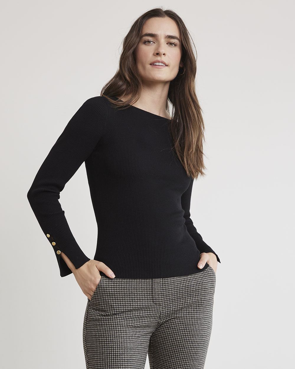 Long-Sleeve Fitted Sweater with Boat Neckline