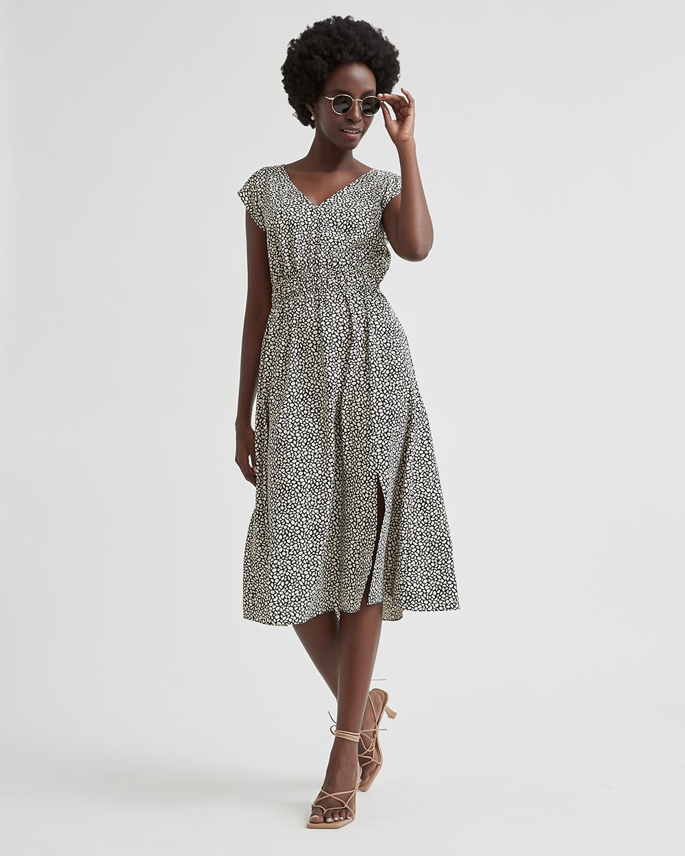 Dotted Fit and Flare V-Neck Dress