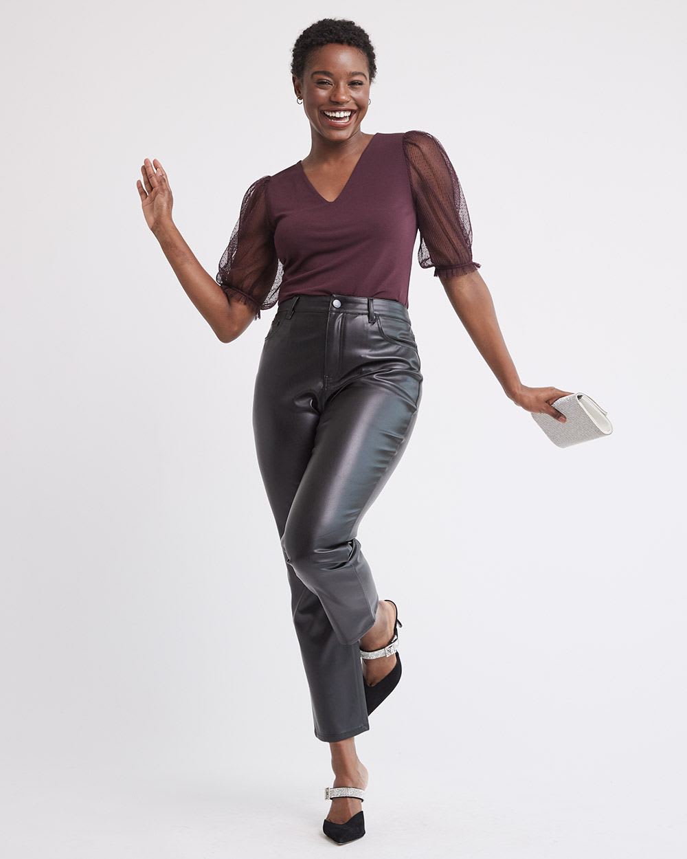 V-Neck Top with Sheer Puffy Sleeves