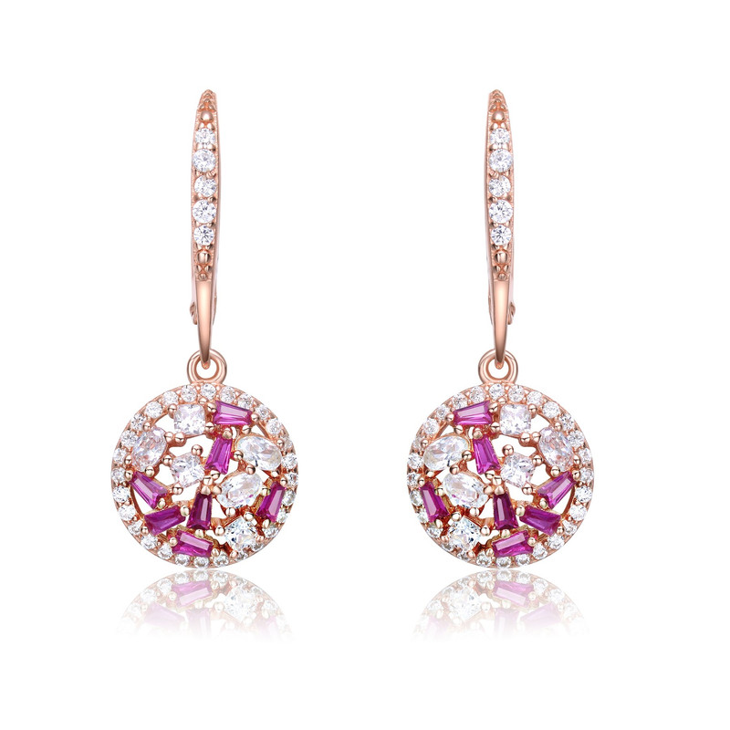 Sterling Silver 18k Rose Gold Plating with Ruby Cubic Zirconia Round Leverback Earrings