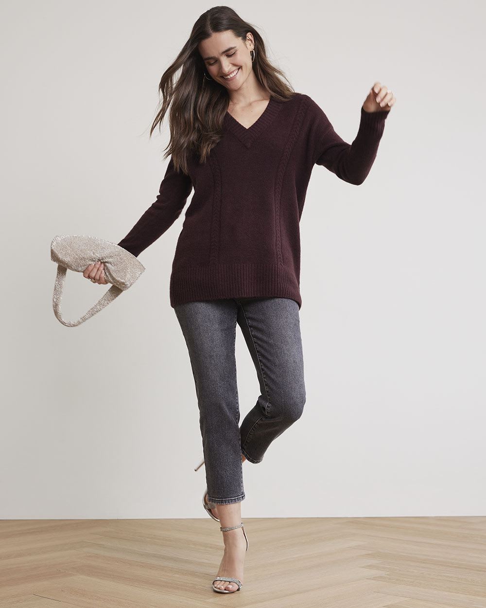 Merino-Blend V-Neck Tunic with Cable Stitches