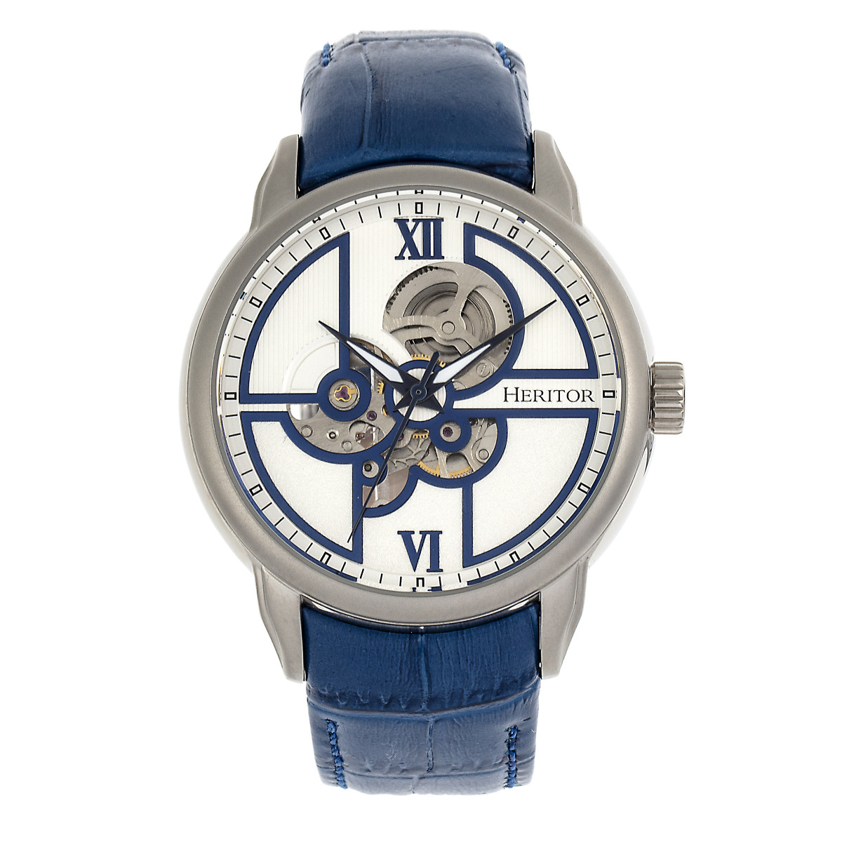 Heritor Automatic - Sanford Semi-Skeleton Leather-Band Watch - Silver/Blue