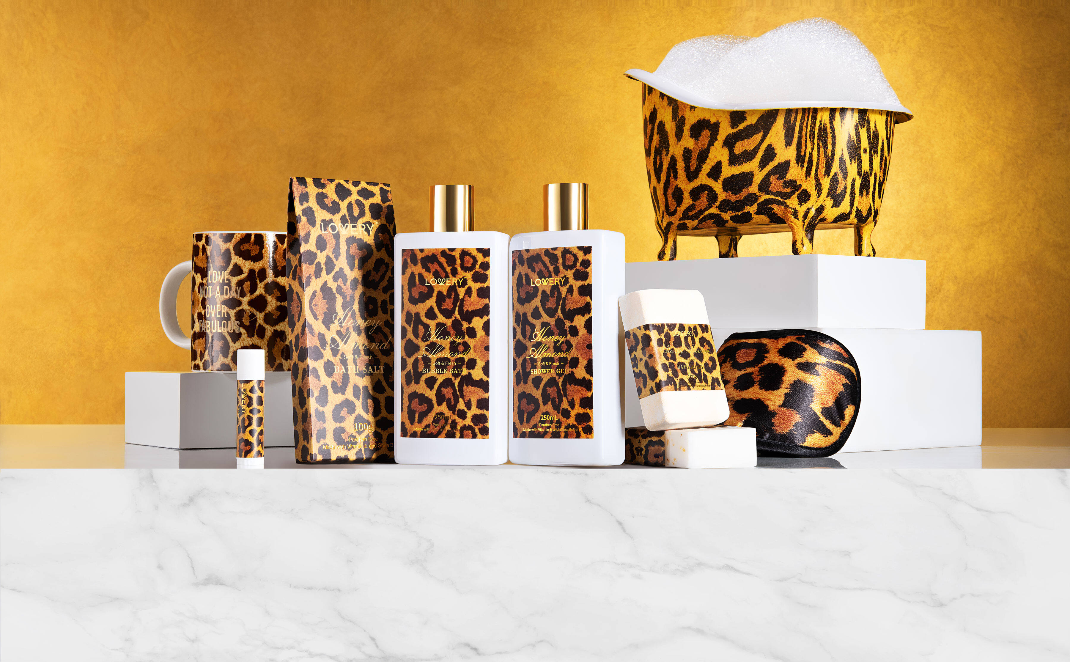 Lovery Bath & Body Gift Basket - 18pc Honey Almond Home Bath Pampering Package In Leopard Print