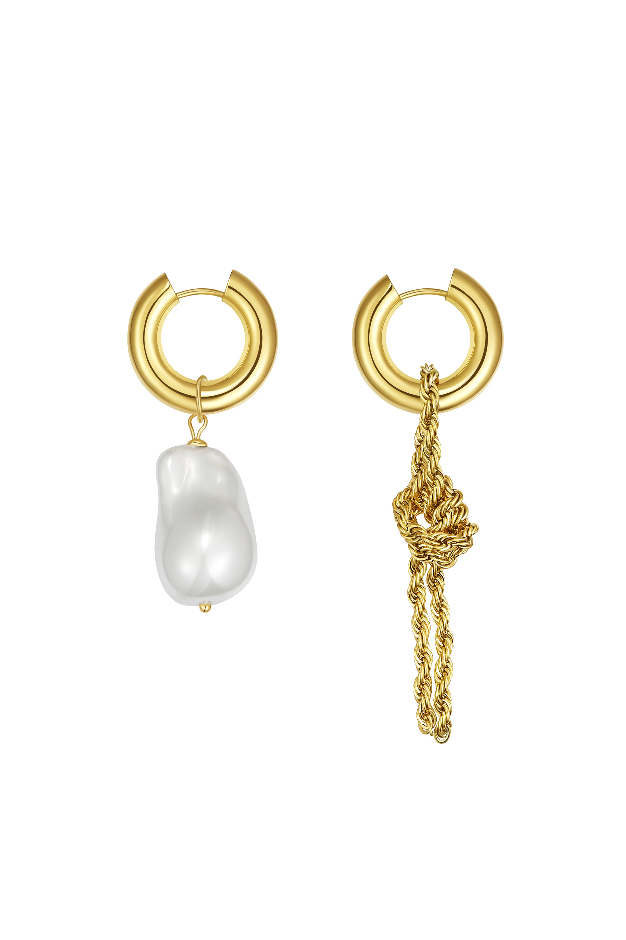 Classicharms-Unique Asymmetrical Gold Rope Chain Baroque Pearl Drop Earrings