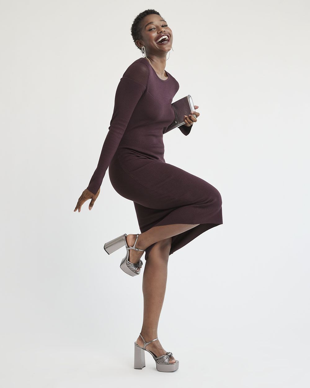 Long-Sleeve Crew-Neck Midi Dress with Sheer Yoke