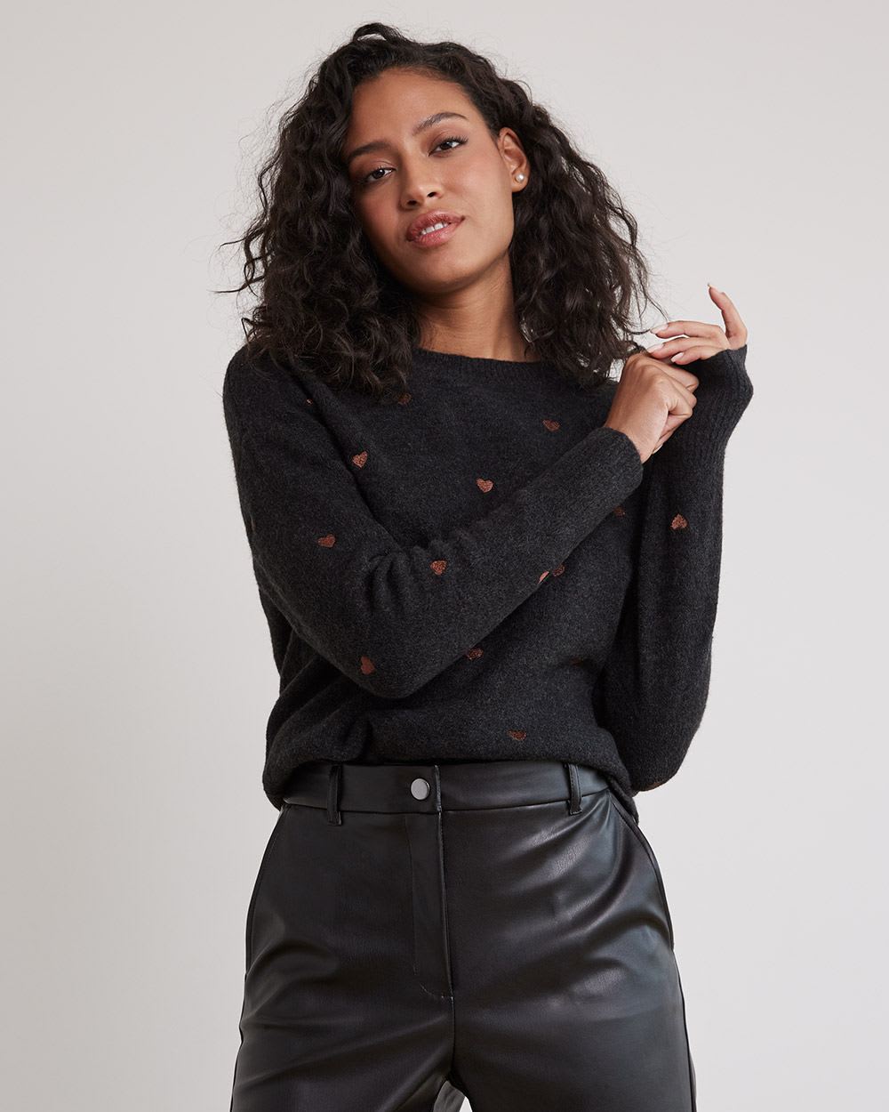 Long-Sleeve Crew-Neck Sweater with Embroidered Pattern
