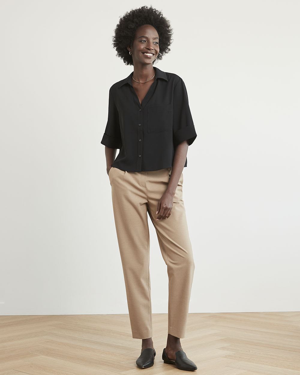 Soft Crepe Buttondown Blouse with Roll-Up Sleeves and Pocket